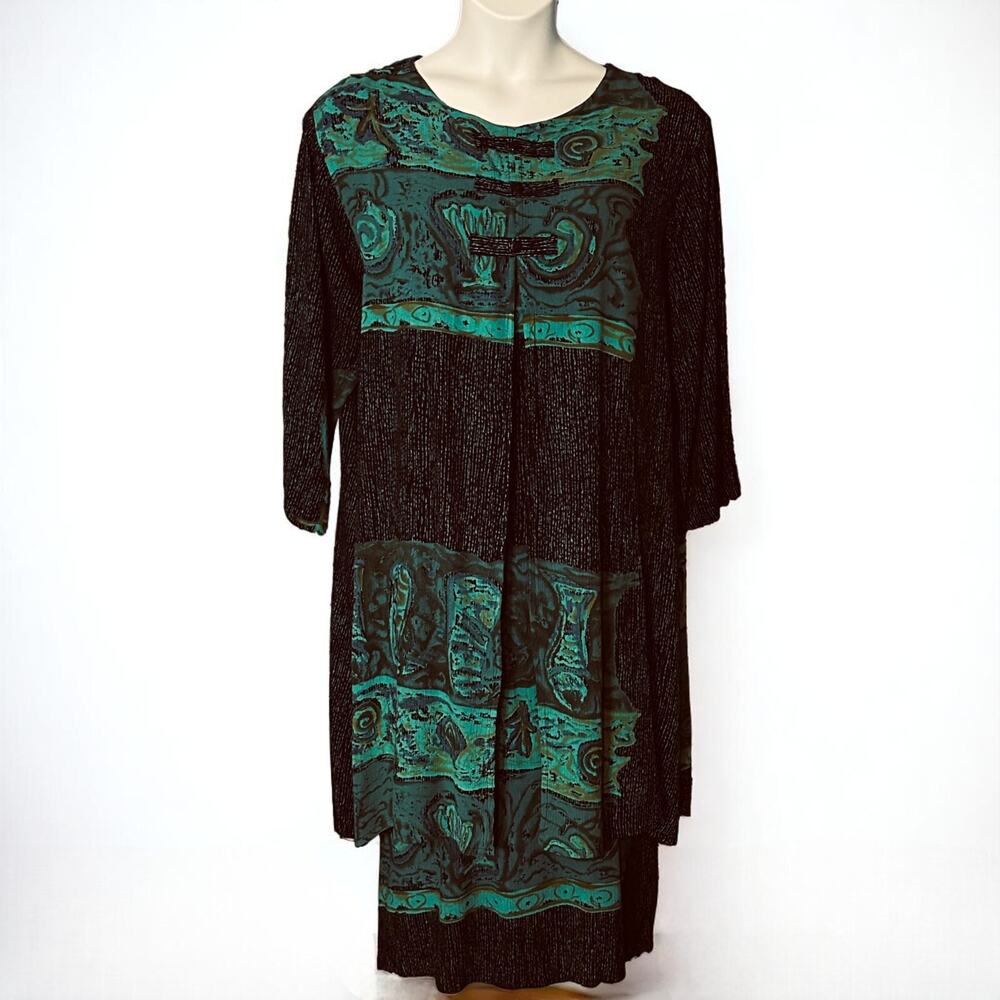 Vintage Art & Artifact Bohemian Midi Dress Sz Large Shift Navy Blue & Teal Glam